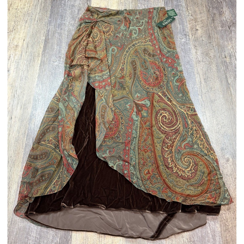 Ralph Lauren Vintage Brown Paisley Silk Velvet Ruffle Flowy Layered Maxi Skirt